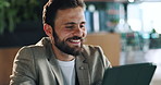 Cafe, businessman and smile with tablet for remote work, finance research and reading for information. Coffee shop, freelancer and financial advisor with tech for risk management, proposal and report