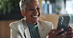 Business, funny and woman in office, smartphone and social media with connection. Mature person, employee and consultant in workplace, cellphone and online humor with digital app, smile and laughing