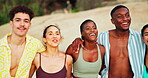 Friends, laughing and walking together at beach for travel adventure, summer vacation and bonding. Diversity group, people and happy with ocean trip for weekend break, support and funny conversation
