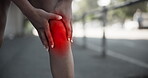 Fitness, inflammation and hands with knee pain outdoor for running accident, joint ache and sports injury. Athlete, person and training mistake with leg tension, tender bone and muscle sprain in city