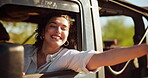 Window, road trip and woman with freedom, car and excited for tourism in vehicle, journey and holiday. Thinking, tourist and person in transport for commuting, travel or girl with smile on vacation