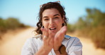 Face, travel and blowing kiss with woman, countryside and journey with vacation, tourism and break. Portrait, happy person and tourist with summer holiday, Safari trip and romantic gesture with smile