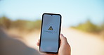 Nature, phone and hands of person with no signal, connection issue and networking problem. Lost, location and smartphone screen with notification for emergency, crisis and internet in countryside