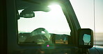Beach, road trip and window of car in morning for journey, travelling and destination for adventure. Transport, countryside and closeup of empty vehicle for driving to holiday, vacation and tourism