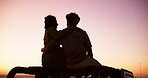 Road trip, car and couple at sunset for view, travel adventure and sightseeing on holiday. Back, hug and silhouette of people on vacation break for bonding, love and romantic outdoor date together