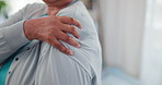 Shoulder pain, injury and health problem with woman, muscle tension or cramps with massage for physical therapy. Joint ache, stress or burnout, injured arm and female person at home with inflammation