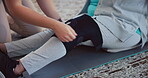 Closeup, physiotherapist and exercise for legs, hands and consulting senior person in clinic and hurt. Healthcare, fitness and help for injury, wellness and rehabilitation for increased metabolism