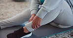 Legs, exercise and closeup of person, home and training for improved mobility, wellness and performance. Warm up, hands and sportswear for increased metabolism, workout and fitness in apartment