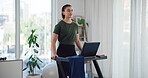 Fitness, woman and walking on treadmill in home for cardio warm up, workout challenge or burning calories. Morning routine, person and exercise on machine for weight loss, healthy body or performance
