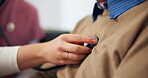 Hands, nurse and senior person with breathe for healthcare, checkup and exam in nursing home. Doctor, stethoscope and listening for medical support, lung disease and mature patient with caregiver