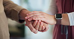 Nurse, holding hands and comfort senior patient in home with cancer diagnosis, help and healthcare. Medical caregiver, support and closeup of people with sorry for illness, palliative care or empathy