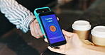 People, phone or hands of customer in coffee shop for fintech app, payment fail or checkout. Screen, low funds or barista with person for transaction rejection, error or debt in cafe or restaurant