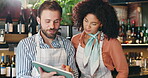 Tablet, team and management with people in cafe for inventory checklist, restaurant review and small business update. Customer experience, critic and menu rating with man, woman and coffee shop app
