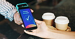 Machine, phone or hands of customer in coffee shop for fintech app, payment success or checkout. Screen, finance or barista with person for financial transaction by counter in cafeteria or restaurant