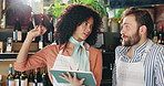 Tablet, team and conversation with people in cafe for inventory checklist, restaurant review and small business update. Customer experience, critic and menu rating with man, woman and coffee shop app