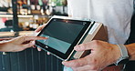Box, sign and tablet screen with hands of people at work for delivery, ecommerce or stock. Logistics, product or supply chain with courier and customer closeup in coffee shop for retail shipping