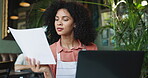 Business owner, laptop or woman with document in coffee shop for inventory, stock or ingredients. Order, paperwork or person planning checklist in cafe with notes for procurement, tea menu or price