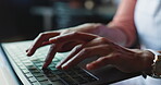 Laptop, hands and woman typing in office for copywriting, article or story for social media platform. Computer keyboard, closeup and person writing blog for review, editing and creative in startup