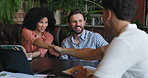 Business, handshake and people with tablet, cafe and smile for meeting, collaboration or greeting. Team, group and  shaking hands for agreement in coffee shop, gesture or publicist with tech for deal