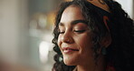 Remember, woman and happy with thinking in home for reflection, positive insight and daydreaming. Nostalgia, wondering and face of thoughtful girl with inspiration, peaceful perspective and decision