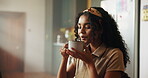 Tea, peace or calm woman in home to relax on break for cup scent, remote work or satisfaction. Freelancer, laptop or female person drinking warm beverage, cappuccino or coffee for ideas inspiration
