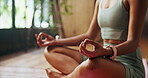 Woman, hands and lotus in home for yoga, wellness and meditation for spiritual healing. Girl, peace and position in living room for pilates, zen and calm to align chakra with asana for posture
