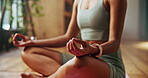 Woman, hands and lotus in home for pilates, wellness and meditation for spiritual healing. Girl, peace and position in living room for yoga, zen and calm to align chakra with asana for posture