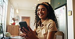 Laptop, laughing and university student with phone in home for study break, social media joke or funny chat. Gen z girl, happy person and smartphone for exam meme, mobile notifications and elearning