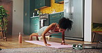 Woman, push ups and exercise on floor, home and strong with training, laptop and online course in kitchen. Girl, workout and balance with bodybuilding, change and computer in morning at apartment
