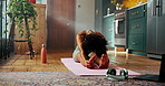 Stretching, yoga and woman in home for fitness, relax or wellness exercise for morning routine. Health, mat and female person with pilates workout for body movement in living room at apartment.