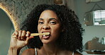 Home, face and woman with toothbrush for dental, oral care and teeth whitening with morning routine. Bathroom, female person and portrait with bamboo for mouth treatment, hygiene and wellness for gum