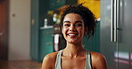 Smile, face and woman in kitchen, healthy and break from exercise, morning and routine in apartment. Home, happy and person with sportswear for wellness, confident and fitness for girl in Canada