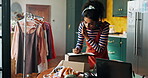 Label, boxes or woman with phone call for small business, website orders and address logistics. Clothes package, writing or fashion designer with diary for talking, startup management or schedule