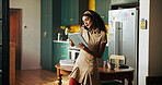 Freelancer, tablet and woman with phone call in home for article questions, source verification or networking. Remote work, journalist or speaking to contact for publication update or blog discussion