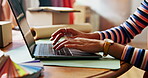 Hands, laptop or woman with shipping for small business website orders or delivery in home. Keyboard closeup, clothes designer or technology for ecommerce review, startup logistics or online boutique