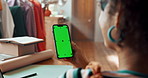Hands, phone or green screen for small business, delivery or inventory management for ecommerce. Entrepreneur, tracking markers or woman on mobile for startup mockup space, online review or update