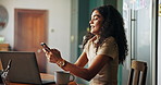 Remote work form home, smartphone and woman with internet, creative and social media. Apartment, person and entrepreneur with ecommerce, online selling and business owner with message to contact