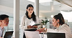Business people, tablet and group presentation with document for insurance, finance or risk management. Technology, speaker and discussion of ideas in meeting, training and policy question in office