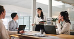 Business woman, tablet and brainstorming with group in meeting for insurance, finance or risk management. Technology, collaboration and discussion of ideas, presentation or planning policy in office