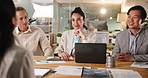 Interview, meeting and recruitment with business people in boardroom of office together for onboarding. Hiring, laptop or listening and team in workplace with candidate for job opportunity or vacancy