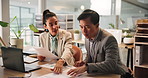 Collaboration, meeting and strategy with business people in boardroom of office together for planning. Conversation, documents and laptop with employee team in workplace for feedback or review