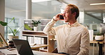 Business man, phone call and happy in office by laptop with networking, contact and feedback for proposal. Person, editor and listen with smartphone for story, article and interview for newsletter