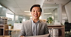Asian man, face or online meeting in office for business, finance or auditor in webinar. Virtual chat, video call or talk for communication, bookkeeping or pov in web conference with accounting files