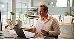 Business man, laptop and video call with document in office for finance, revenue or auditor in webinar. Computer, online conference and talk with paperwork for bookkeeping, web meeting and accounting