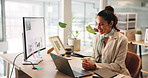 Business woman, laptop and video call in office for training, design or happy product manager in webinar. Computer, online conference or talking for virtual communication, development and web meeting