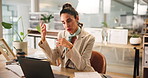 Business woman, laptop and online conference in office for finance, revenue or auditor in webinar. Computer, video call or talk for virtual communication, bookkeeping and web meeting for accounting