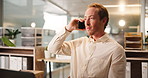 Business, phone call and man in office, talking and communication with tax report. Person, employee and financial specialist in workplace, smartphone or discussion with online consultation or contact