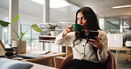 Business, coffee and woman in office, smartphone and texting with espresso, social media and break. Person, employee and consultant in workplace, cappuccino and cellphone with message to contact