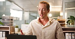 Business man, laptop and video call in office for finance, revenue or auditor in webinar. Computer, online conference or talking for virtual communication, bookkeeping and web meeting for accounting
