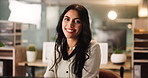 Accounting, face and smile of business woman in office for financial, portfolio or wealth management. Audit, banking and investing with happy accountant in workplace for bookkeeping or budget